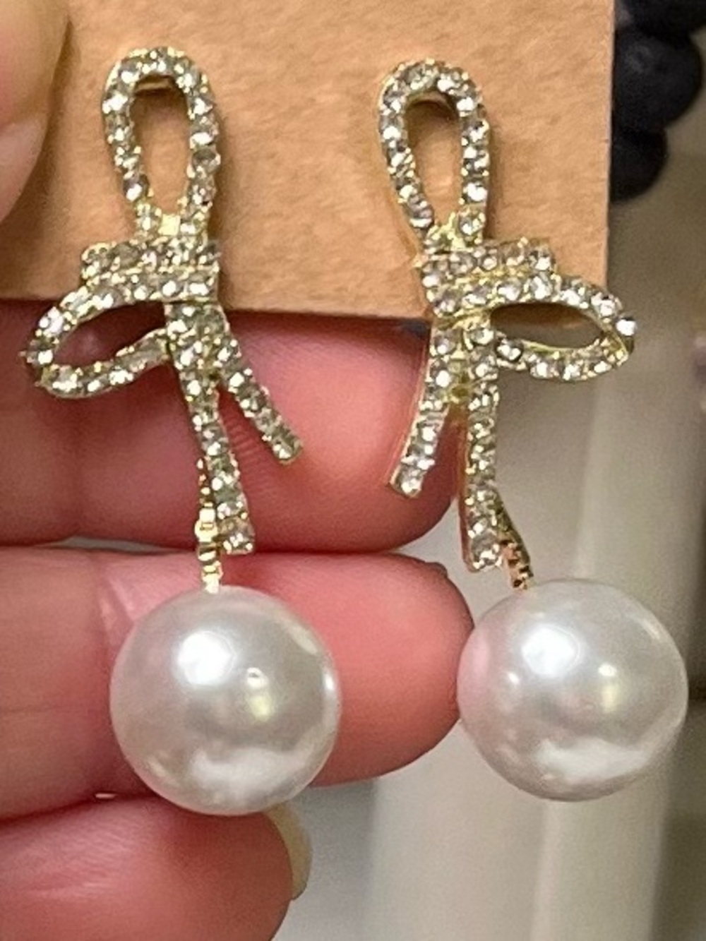 Gold Tone Bow Crystal Drop Earrings with White Faux Pearls - Picture 1 of 1